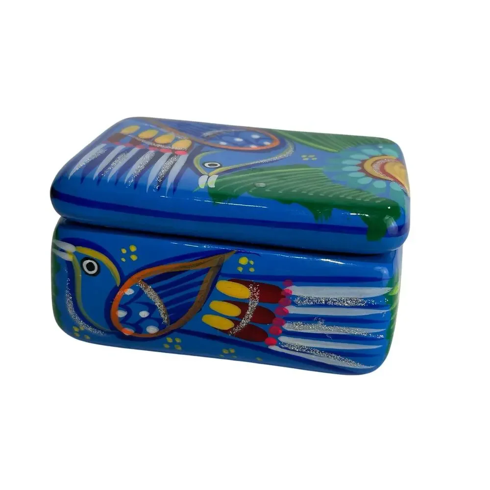Hand Painted MEXICAN FOLK ART Blue Bird Terra Cotta Trinket Box